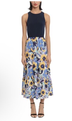 Donna Morgan Tank Skirt Midi Dress Navy Blue Floral Tiered Bottom Stretch Sz 12