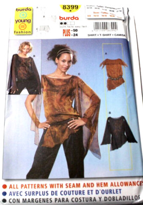 Burda 8399 Young Misses Junior Tops 6/8-10/12-14/16-18/20-22/24 Sewing Pattern