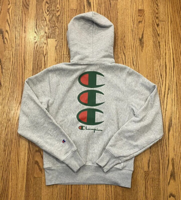Champion Reverse Weave Double Sided Graphic Pullover Hoodie Sweatshirt Red Green