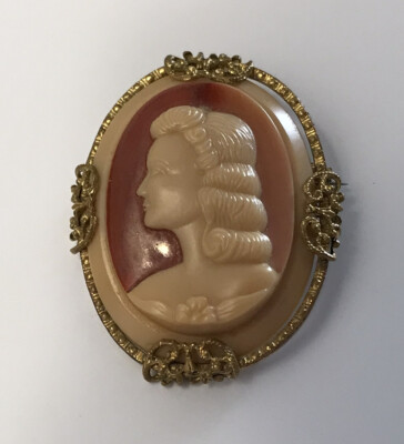 Gorgeous Vintage Gold Tone Red Beige Celluloid Cameo Brooch Pin. #748
