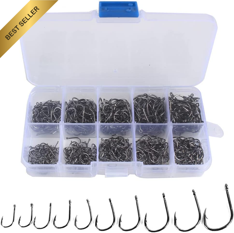 500PCS High Carbon Steel Fishhooks 10 Sizes Barbed Sharp Saltwater Freshwater Ho