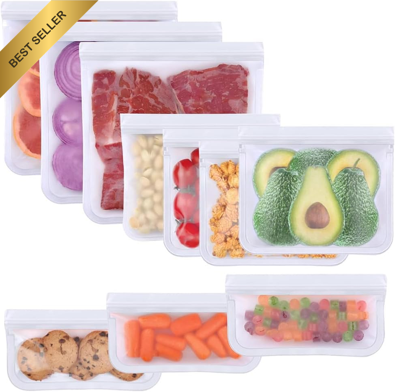 Reusable Silicone Food Storage Bags, 10-Pack Eco-Friendly & Dishwasher Safe,3 Si