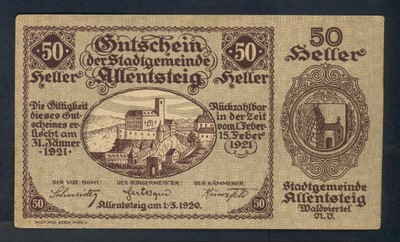 NOTGELD ALLENSTEIG ÖSTERREICH 1921  50 HELLER SCHEIN UNC-TOP ZUSTAND 12,0X7,0 CM