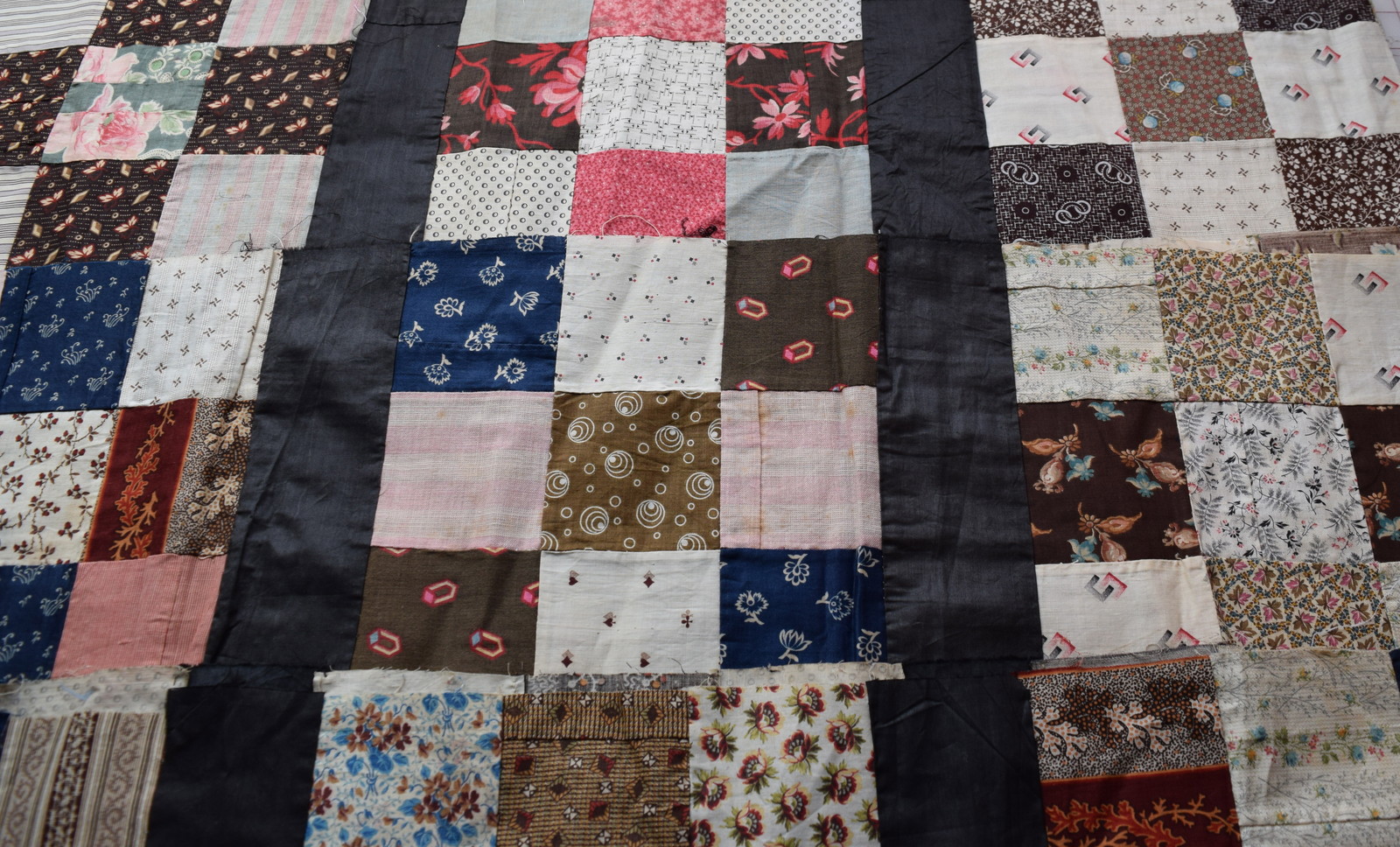 31 1870-80's 9 Patch quilt blocks, sewn into strips, fabulous prints