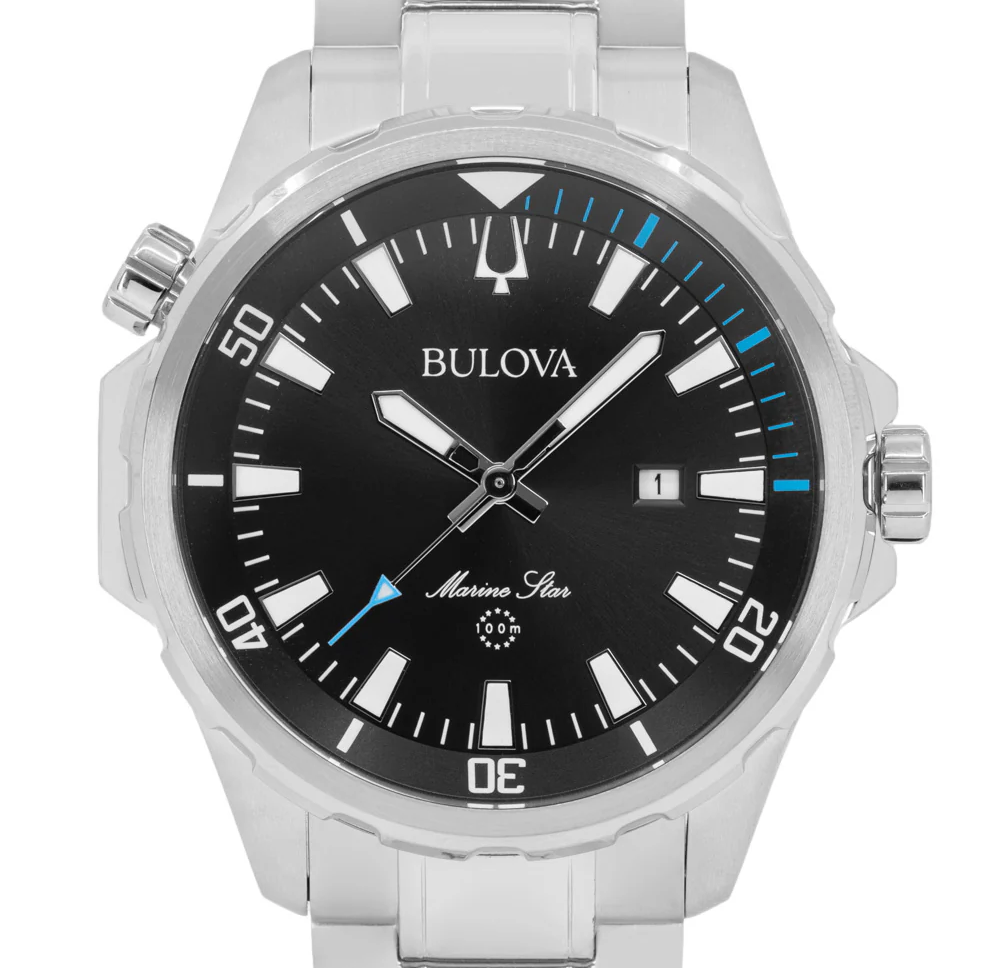 Pre-owned Bulova Marine Star Black Dial Date Display Stainless Steel Men's Watch 96b382