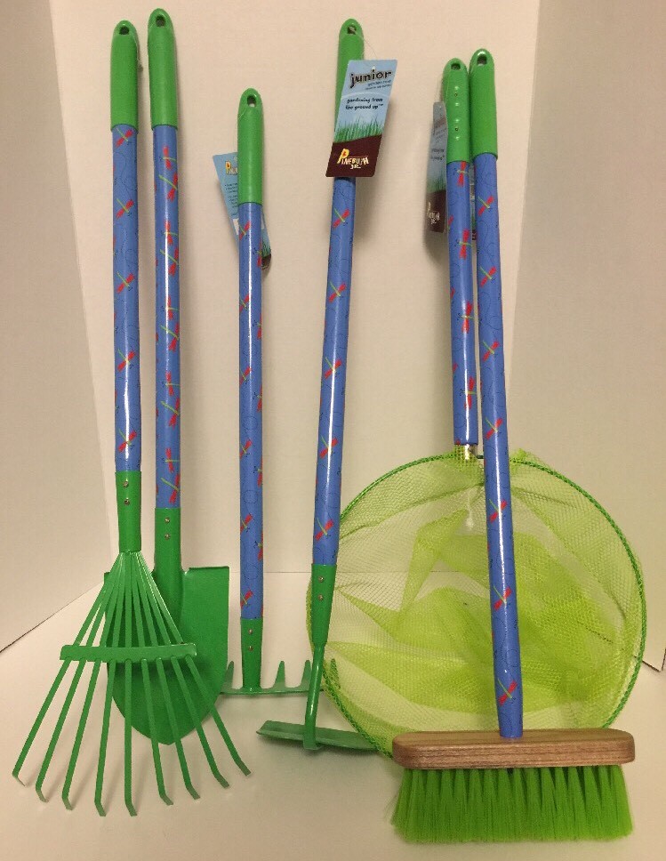 PINEBUSH JUNIOR SIZE GARDEN TOOLS RAKES SHOVEL HOE BRUSH BUTTERFLY NET-SET OF 6
