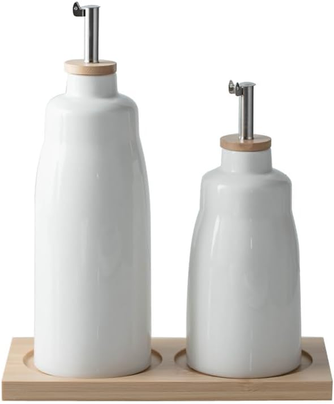 2 Pcs Ceramic Oil Vinegar Dispenser, Oil Storage Container with Tray