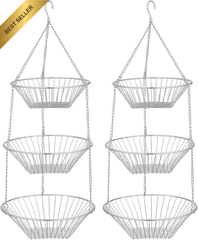 3-Tier Hanging Fruit Basket (Set of 2) — Kitchen Storage Hanging Baskets, Wrough