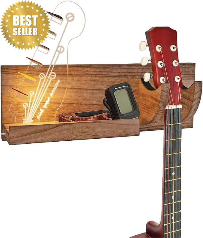Wall Mount Guitar Hanger with Acrylic Pick Display Holder, Bass Wall Stand with