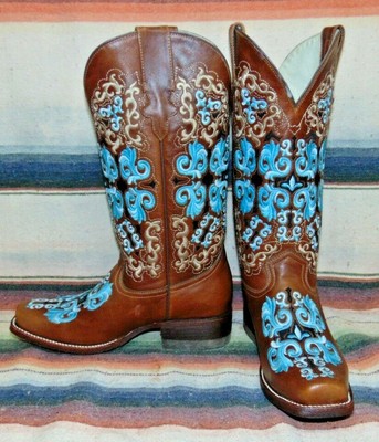 Womens Broken T (Corral Style) Brown / Blue Handcrafted Cowboy Boots 6.5 B NIB