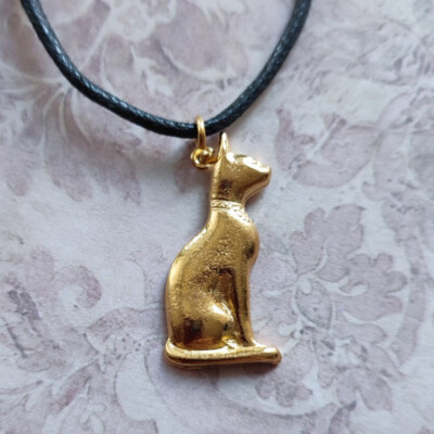Bastet Egyptian Goddess Cat Pendant Cord Necklace Gold Plated Pewter