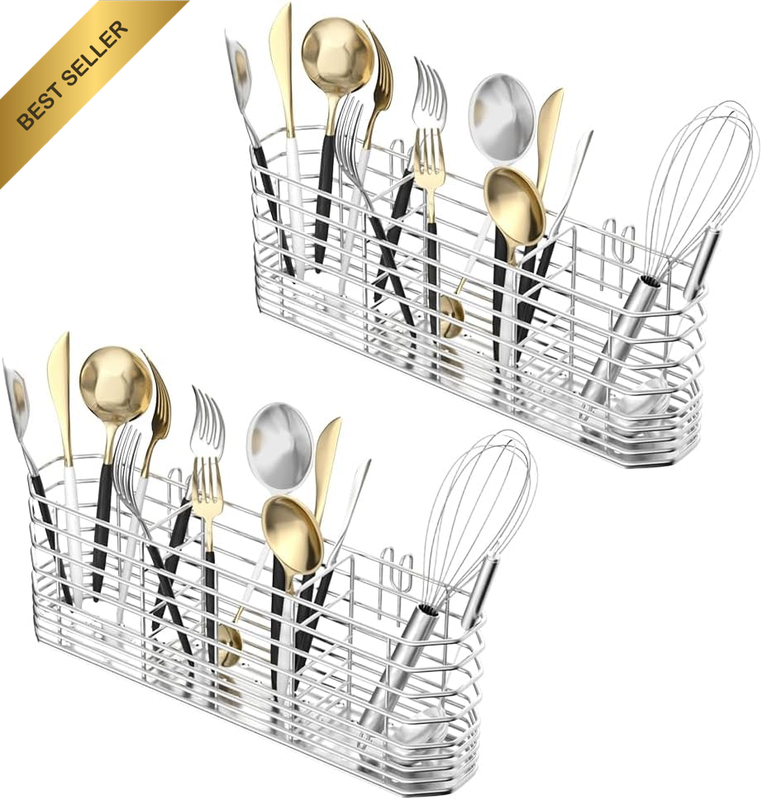 2Pcs Cutlery Holder with Hooks,Stainless Steel Cutlery Rack,Silverware Organizer