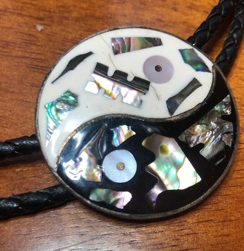 Vintage Round Bolo Tie Abolone Shell Inlay
