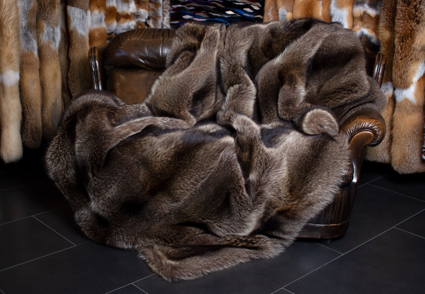378 Real Canadian Racoon Fur Blanket natural coloured