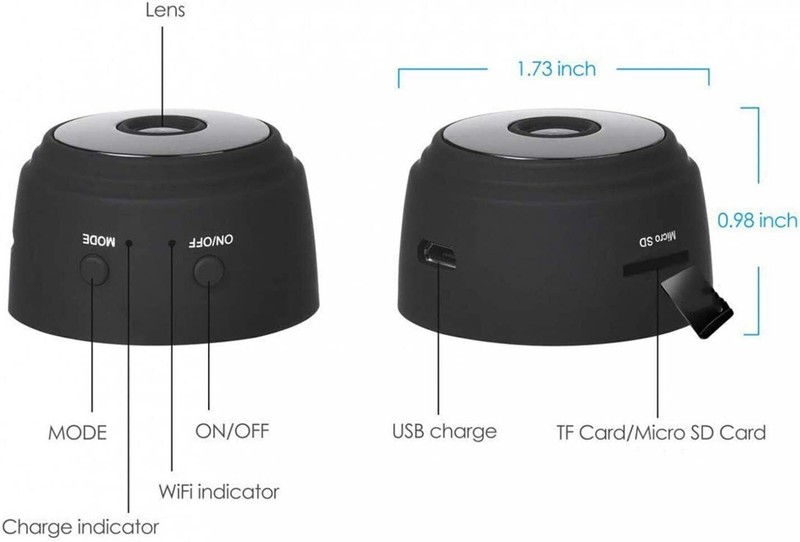 Mini camera with dimensions, mode, and charging indicators.