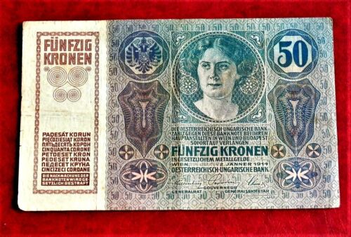 1914 Original Austria Hungary Empire Banknote Funfzig (50) Kronen , Good , 1029