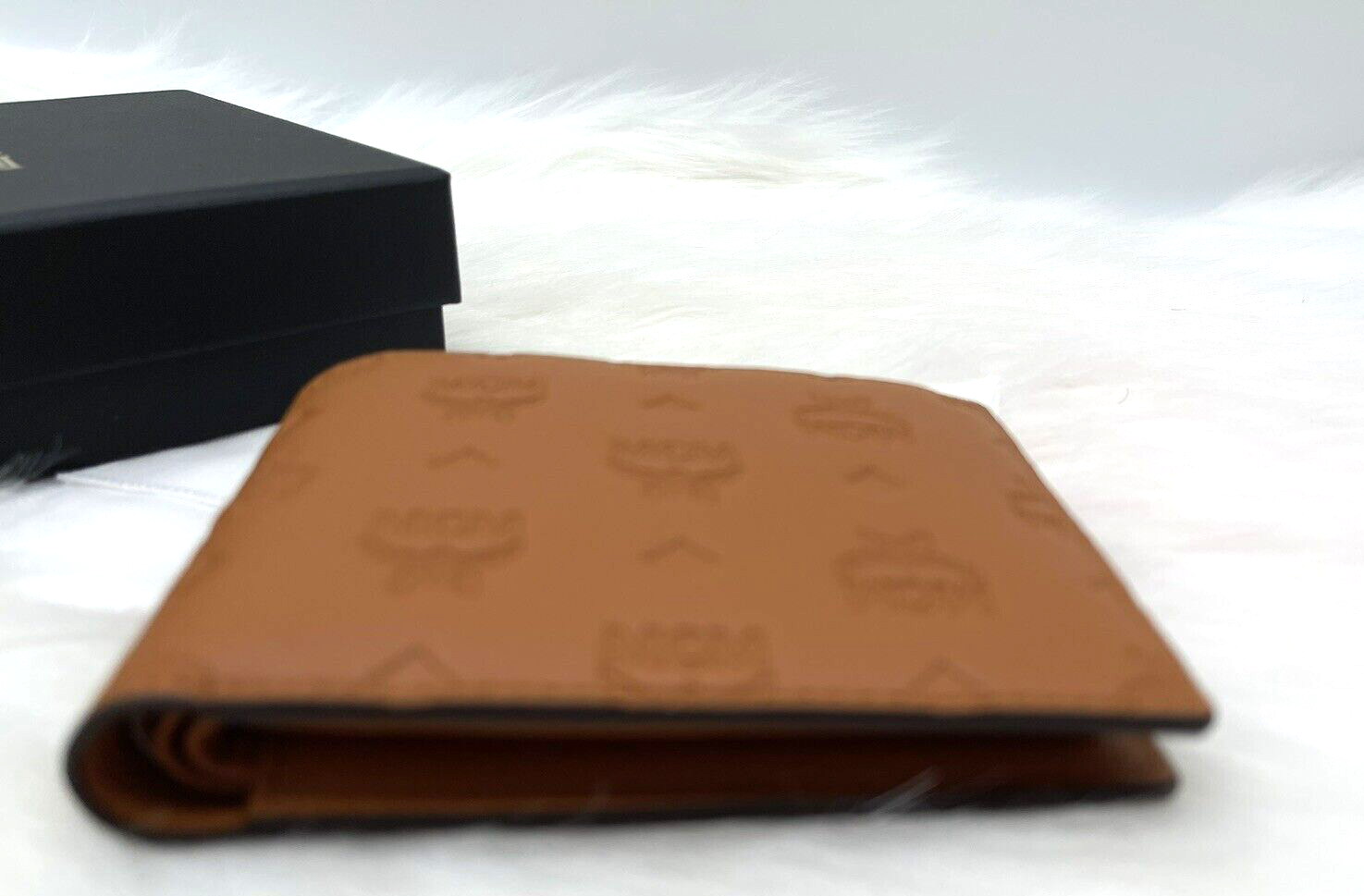Pre-owned Mcm Auth  Portuna Embossed Monogram Bifold Leather Wallet With Case Case In Roasted Pecan