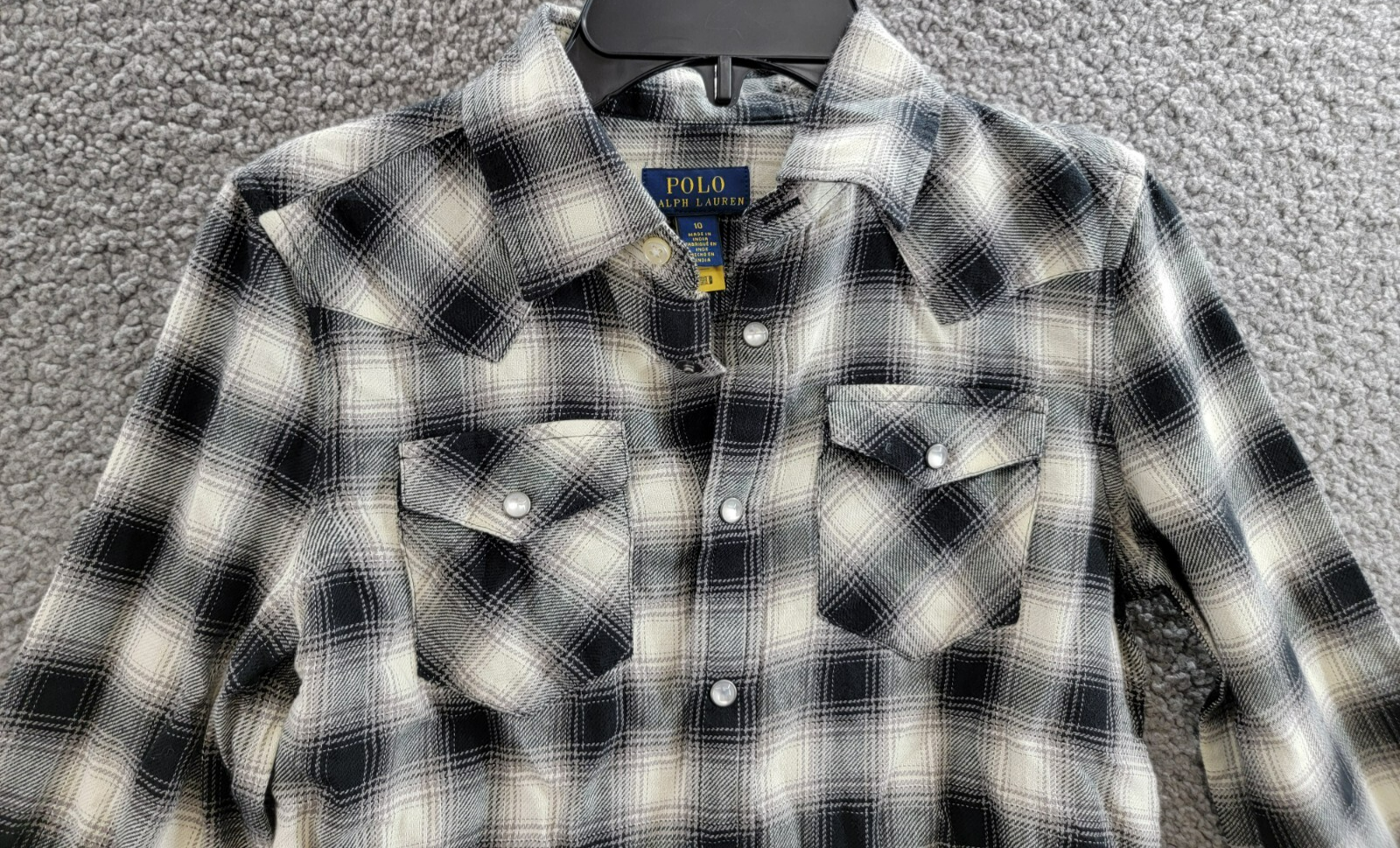 Polo Ralph Lauren Plaid Flannel Western Button Shirt Big Girls 10 Cream/Black - Picture 4 of 20