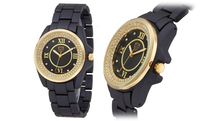 NEW Picard & Cie 9362 Women Eleanor Collection Classy Black/Gold Swarovski Watch