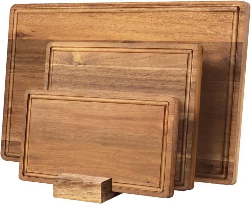 Set Of 3 Wood Cutting Wooden Boards For Kitchen With Holder Chopping Meat Cheese