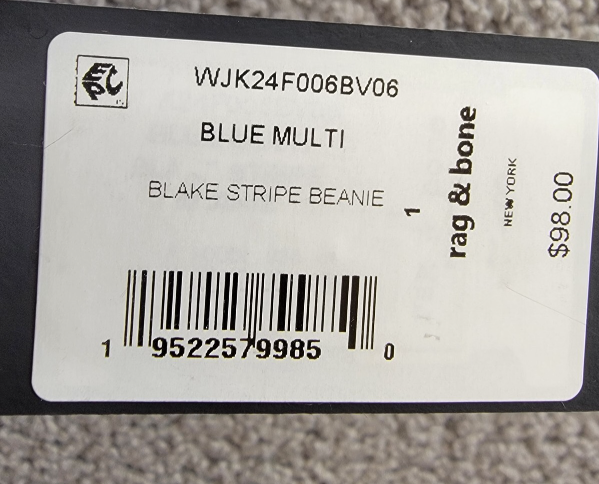 rag & bone Wool Blend Blake Stripe Beanie Womens One Size Blue Multi Folded Edge - Picture 15 of 15