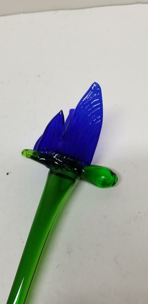 MURANO ART STYLE DARK BLUE BUTTERFLY LONG STEM GLASS FLOWER 19 1/4