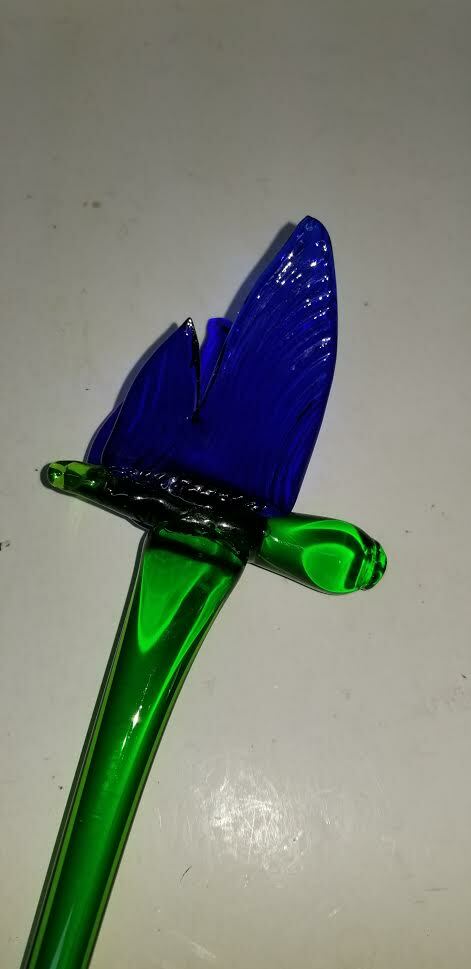 MURANO ART STYLE DARK BLUE BUTTERFLY LONG STEM GLASS FLOWER 19 1/4