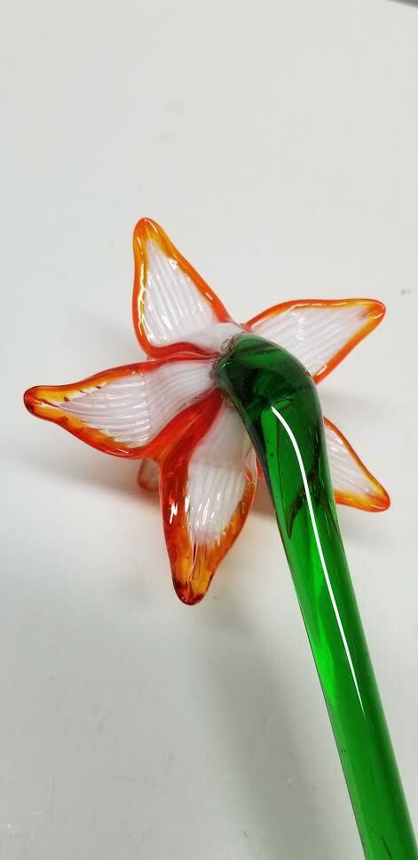 MURANO ART STYLE WHITE ORANGE TIP / TRIM LONG STEM GLASS FLOWER 19 3/4