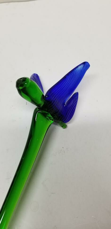 MURANO ART STYLE DARK BLUE BUTTERFLY LONG STEM GLASS FLOWER 19 1/4