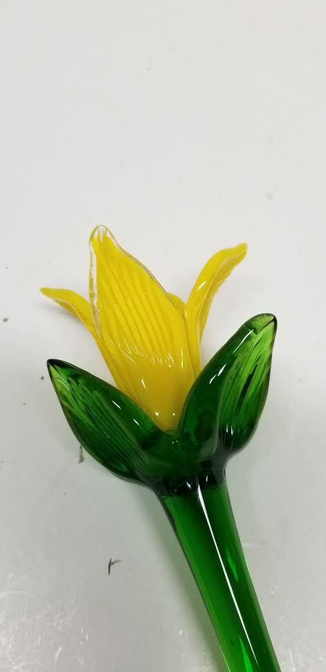 MURANO ART STYLE YELLOW LILY 4 LEAF LONG STEM GLASS FLOWER 19 1/2