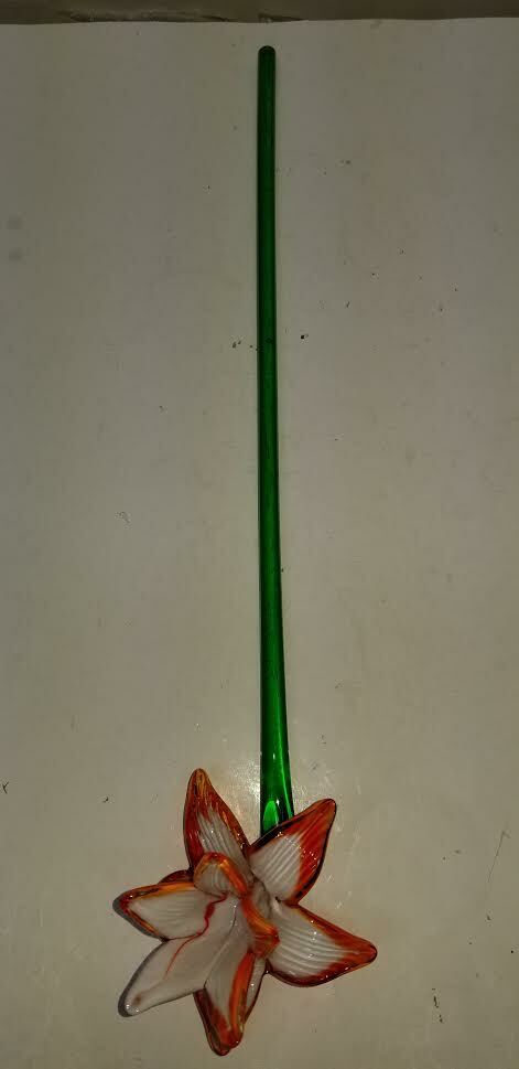 MURANO ART STYLE WHITE ORANGE TIP / TRIM LONG STEM GLASS FLOWER 19 3/4