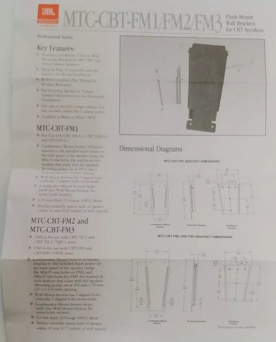 JBL MTC-CBT-FM2 Speaker Wall Mounting Brackets Black CBT 70J-1, CBT 70J-1/70JE