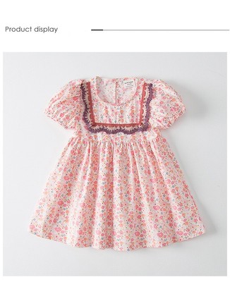 Girls Cosmos collar  Embroidered Dress Blue Dudu Cream