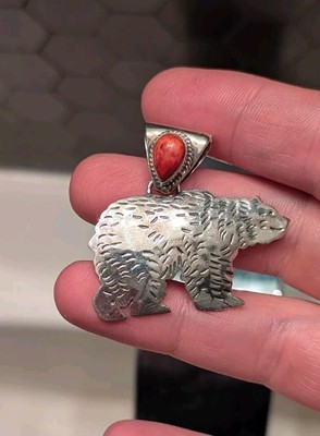 Sterling Silver 925 Coral Native Bear Pendant 