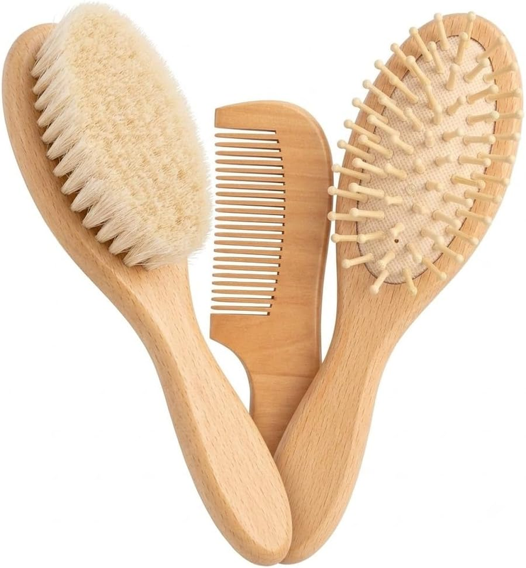 Baby Hair Brush Set Soft Goat Bristle and Wooden Comb Natural Walnut Finish Groo