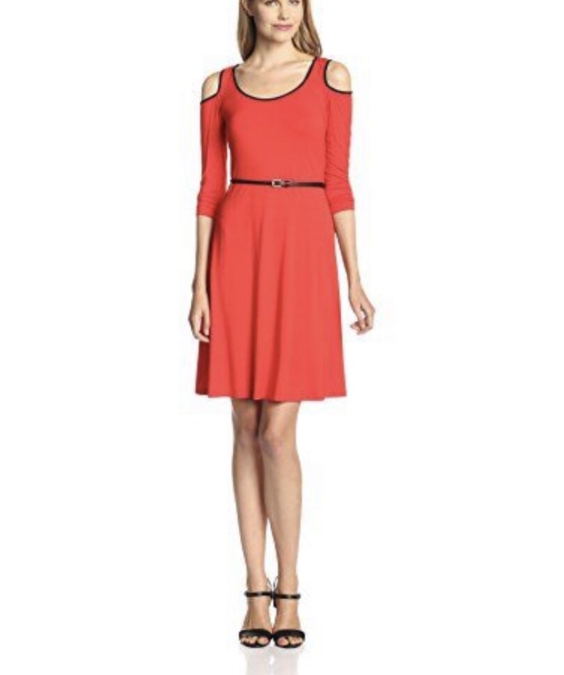 Элегантное ОГНЕННО-КРАСНОЕ/ЧЕРНОЕ платье с открытыми плечами и поясом Calvin Klein NWT, размер 6