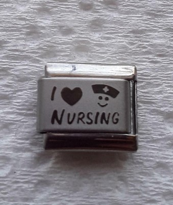''I LOVE (BLACK HEART) NURSING''  ON SILVER-ITALIAN 9MM CHARM-HEALTH CARE