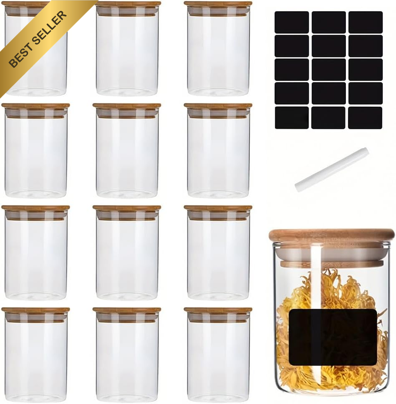 12Pcs Glass Spice Jars,Square Containers with Bamboo Lid,Glass Storage Jars,Cond