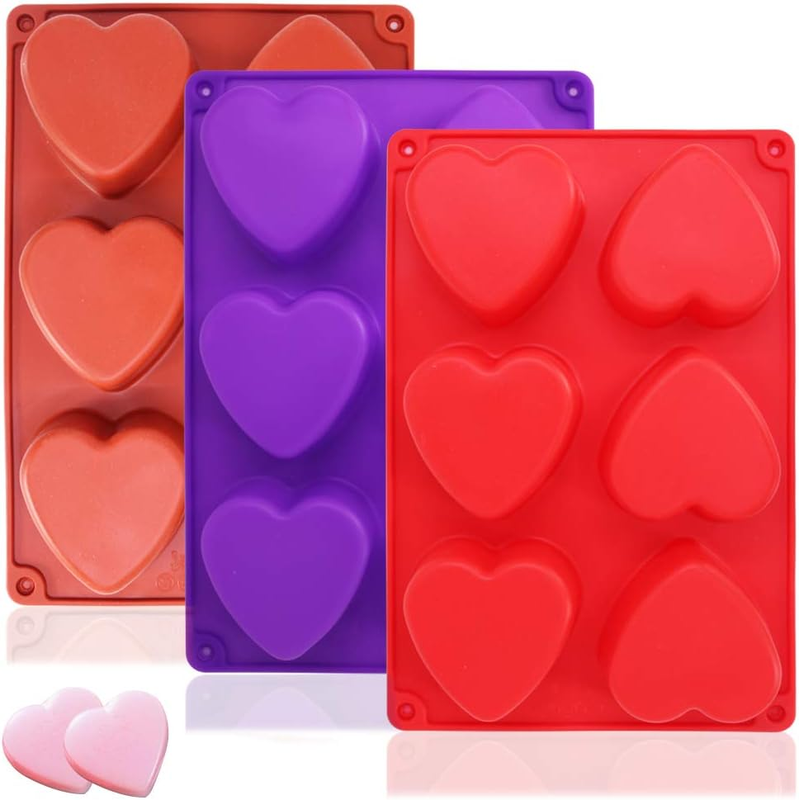 3 Packs 6 Cavities Heart Shaped Silicone Mold (Purple, Red, Brown), Baking Mold 