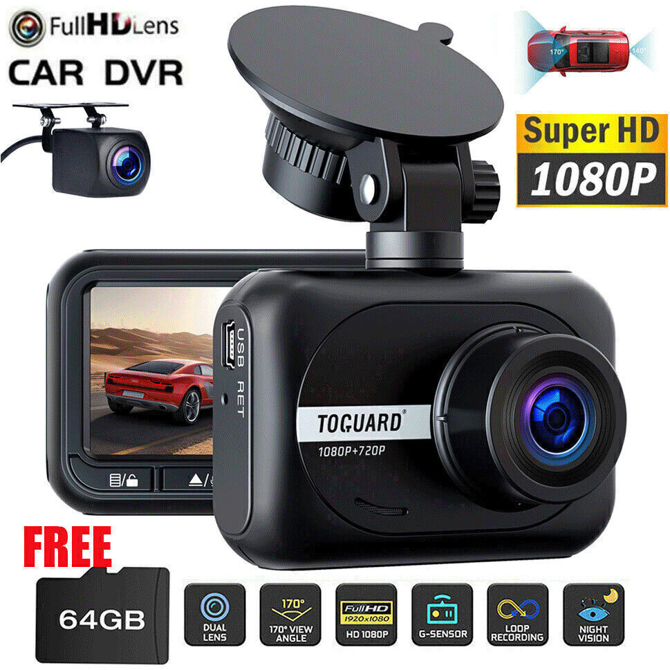 TOGUARD Dual Dash Cam Front and Rear 1080P Car DVR Camera Video Reversing + 64G