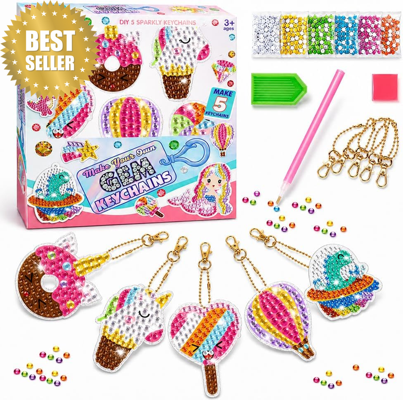 5 Pcs Arts and Crafts Diamond Painting Kits for Kids,Gem Art Keychains Craft Set