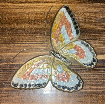 Vintage Solid Brass Butterfly Wall Hanging Lacquered Enamel Inlay 4.5  Wing-wing