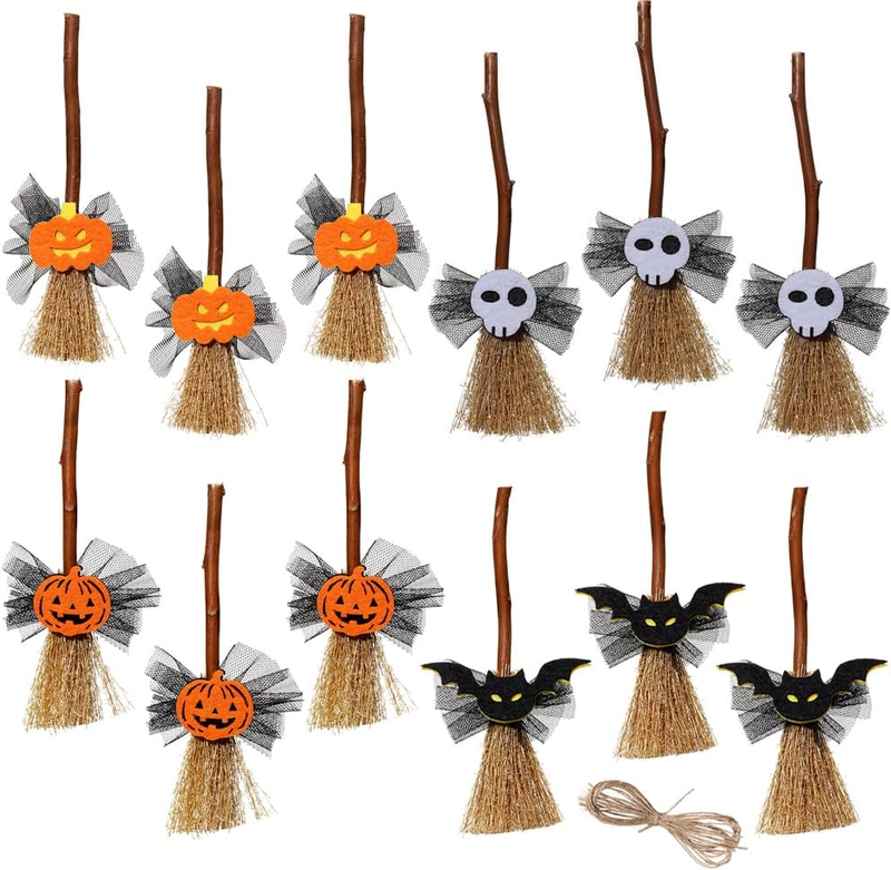 Mini Witch Broom Halloween Ornaments 14Cm, 12 Pack