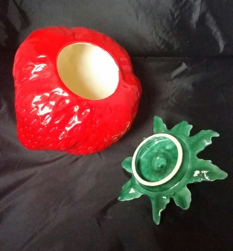 Strawberry Cookie Treat Jar 10 1/2 Tall Ceramic Red Fruit Large Vintage Bright