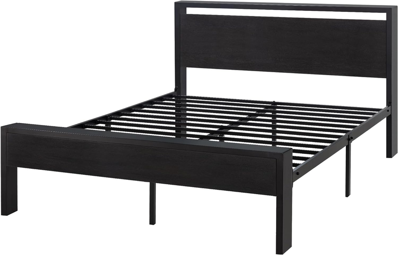 14 Inch Queen Size Metal Platform Bed Frame with Wooden Headboard and Footboard,