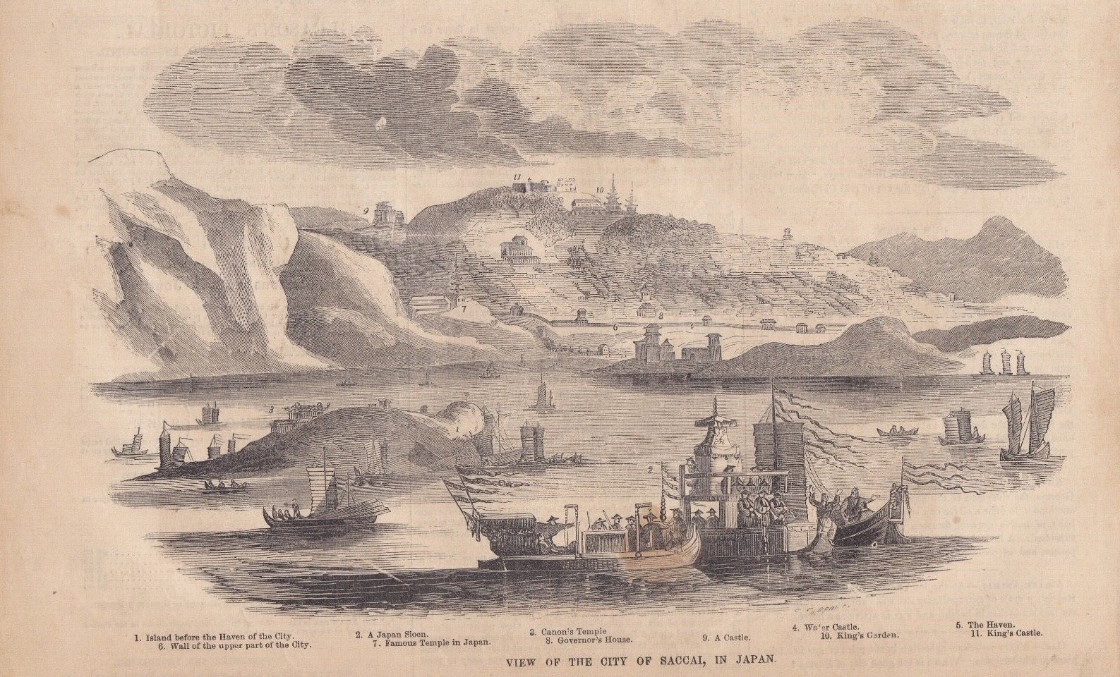 1858 Antique Engraving - Sakai, Osaka Bay, Japan - Early