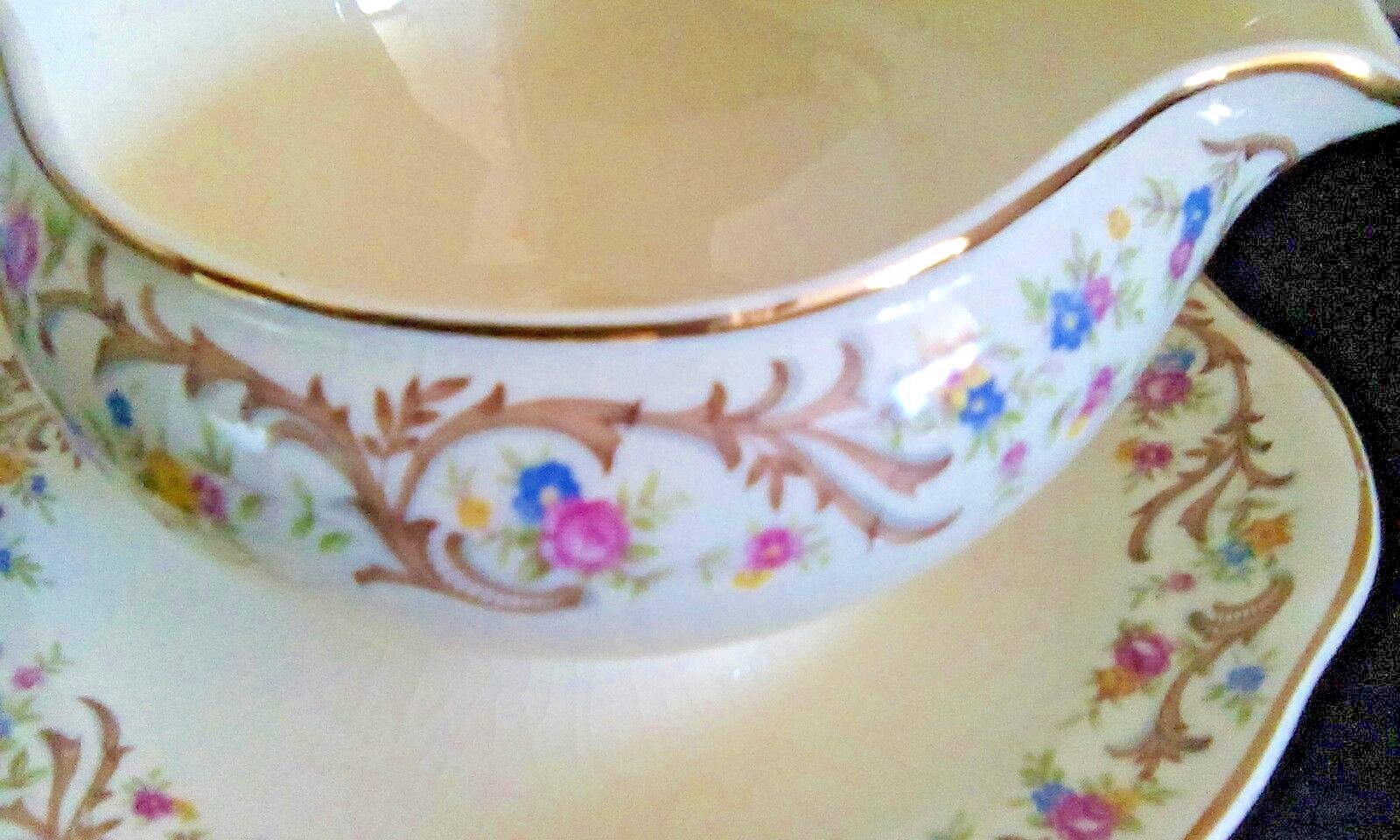 Taylor Smith Taylor USA Gravy Bowl Dish w Underplate flowers Gold Scroll And Rim