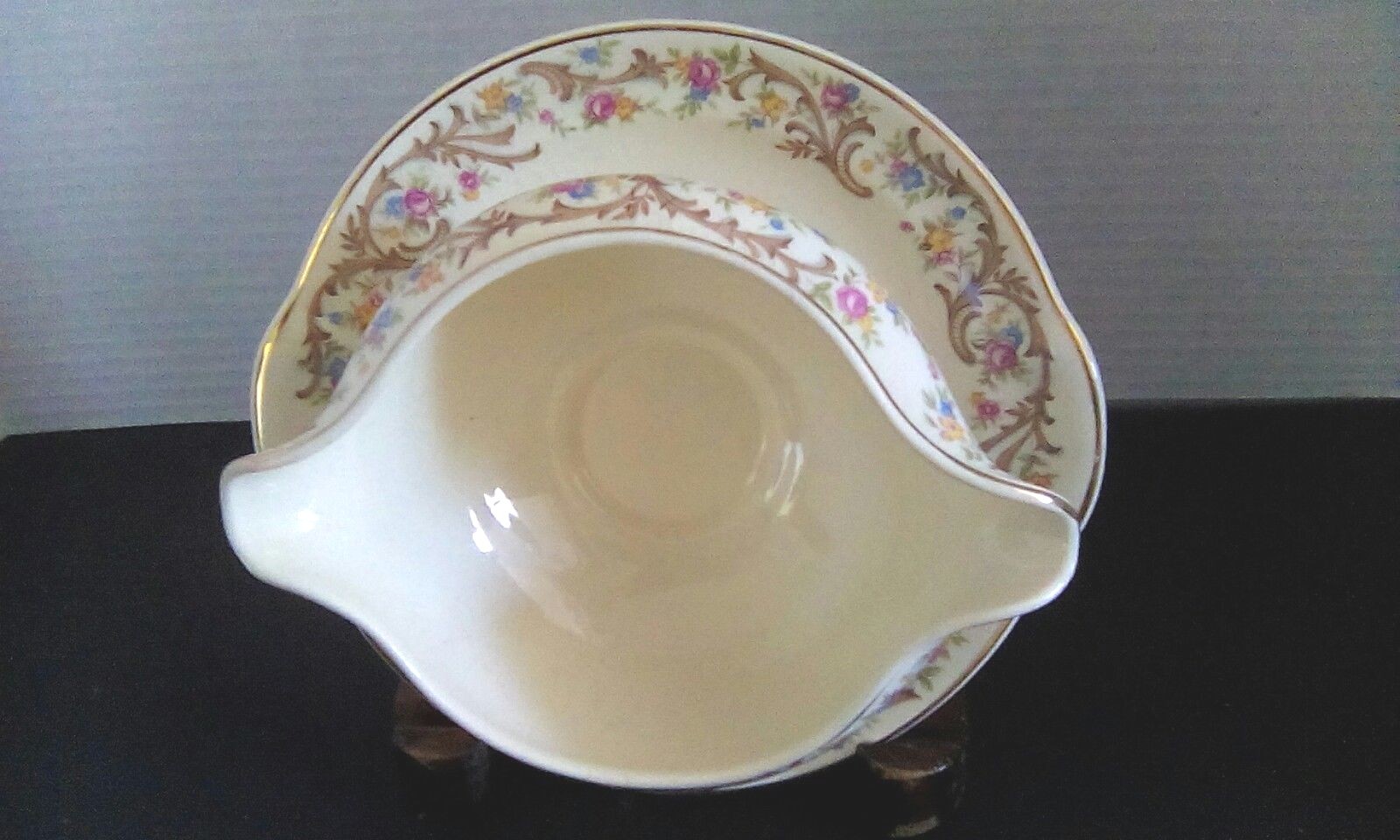 Taylor Smith Taylor USA Gravy Bowl Dish w Underplate flowers Gold Scroll And Rim