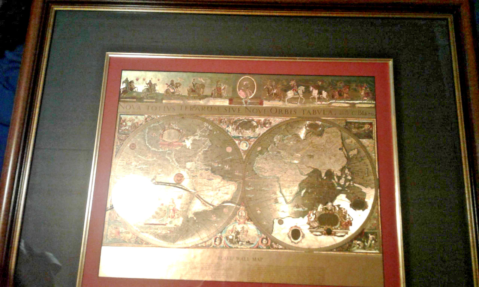 VINTAGE Framed GOLD FOIL BLAEU Wall map OLD and NEW WORLD 35