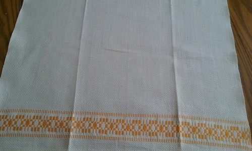 NOS VINTAGE HOMESPUN LINEN TOWEL WITH GOLDENROD YELLOW BANDS